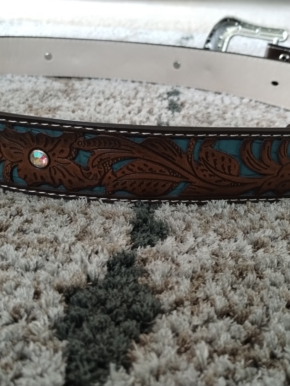 Brown Tooled Leather Belt with Turquoise Inlay